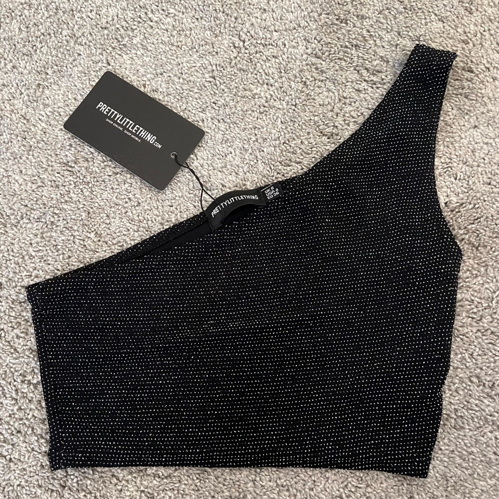 PrettyLittleThing Black Glitter One-Shoulder Tank Top
